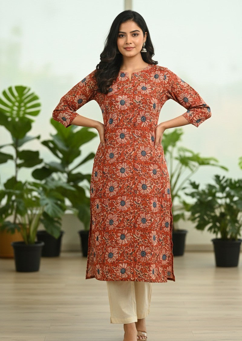 Rust and Blue Floral Block Print Cotton Kurta