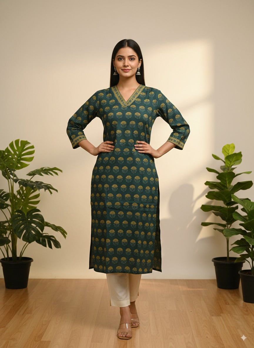 Teal Tree-Block Pure Cotton Kurta — Traditional Block-Print Kurta with Pocket