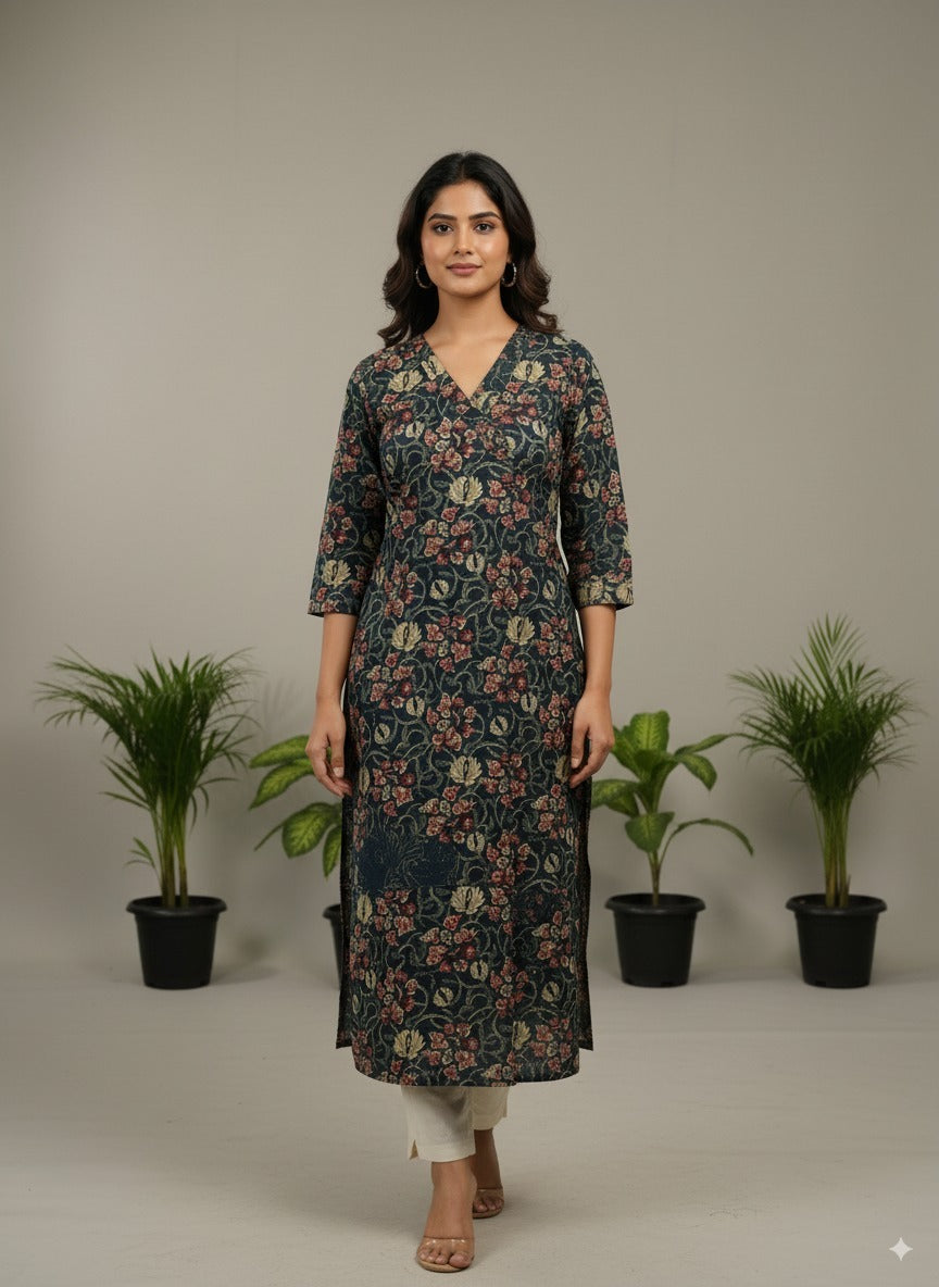 Olive Garden Printed Cotton Kurta — Comfortable Floral Kurta for Daily Wear