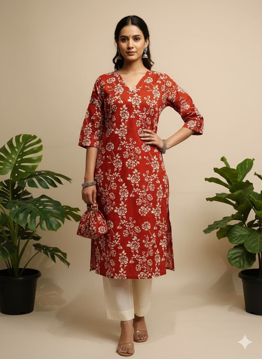 Deep Maroon Floral Kurta with Potli Accent — Pure Cotton, Breathable, Right Pocket Included