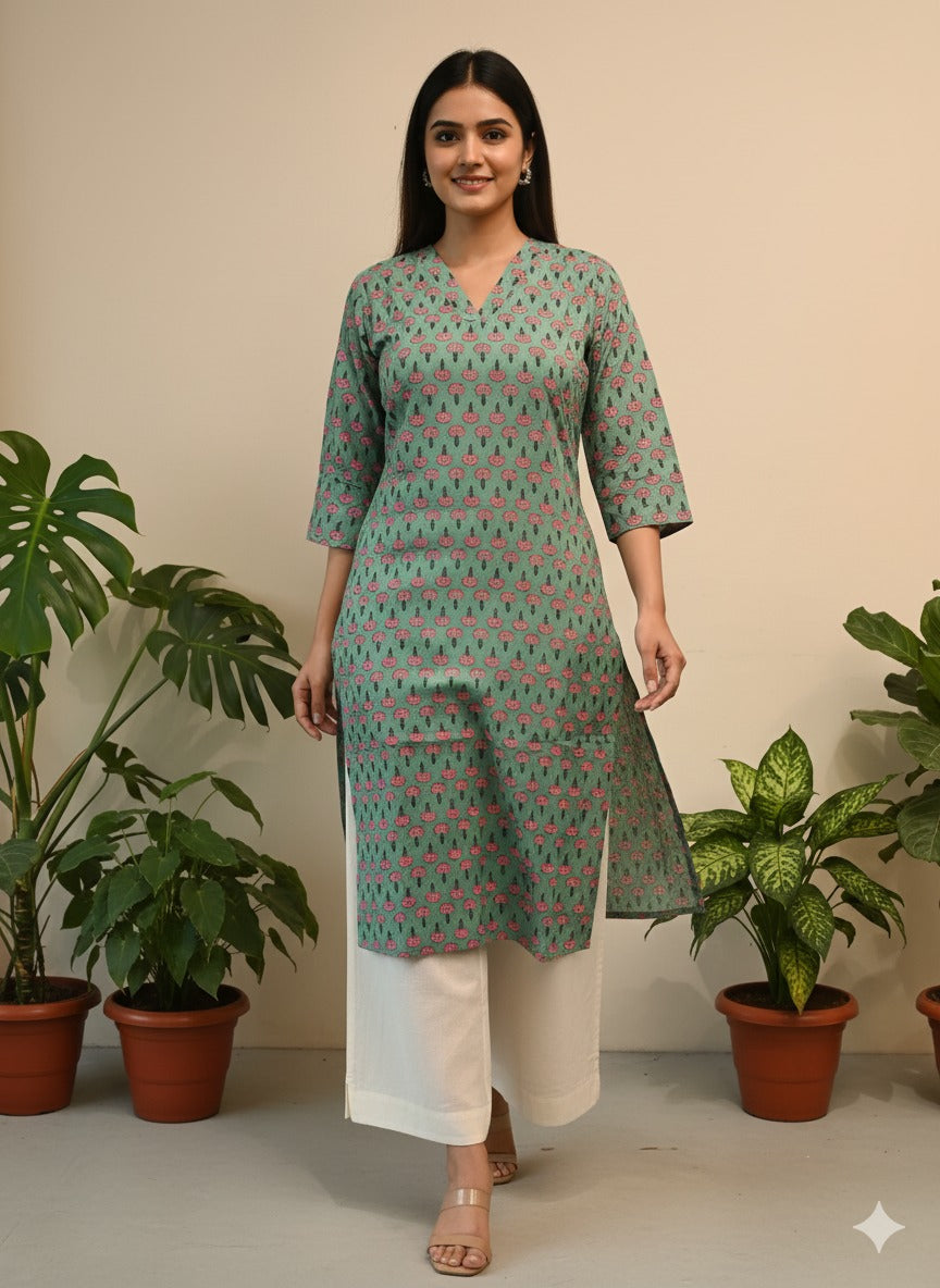 Pink Floral Block-Print Cotton Kurta — Breathable & Durable