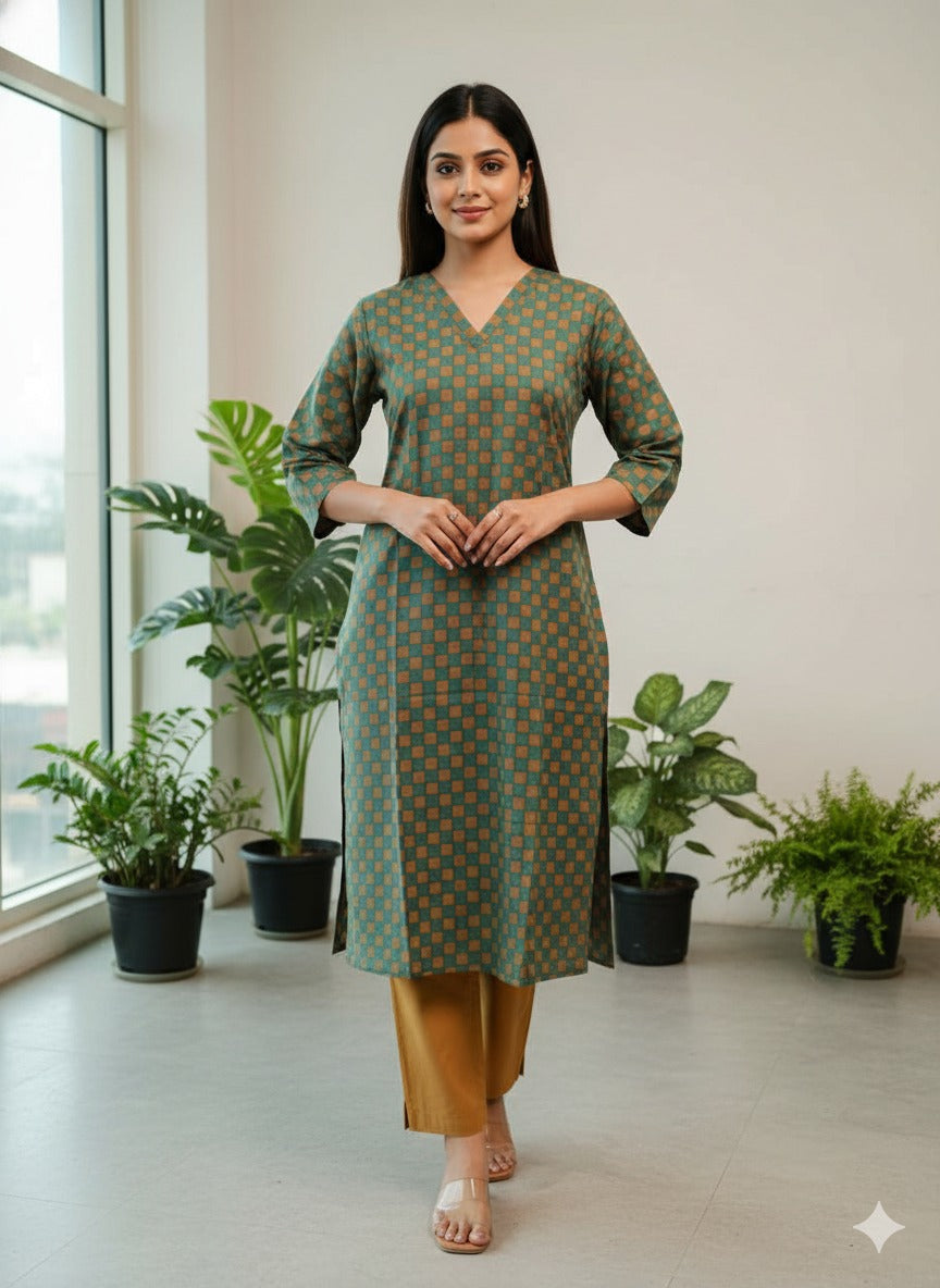 Rust Block-Motif Pure Cotton Kurta — Warm-Toned Breathable Kurta with Right Pocket