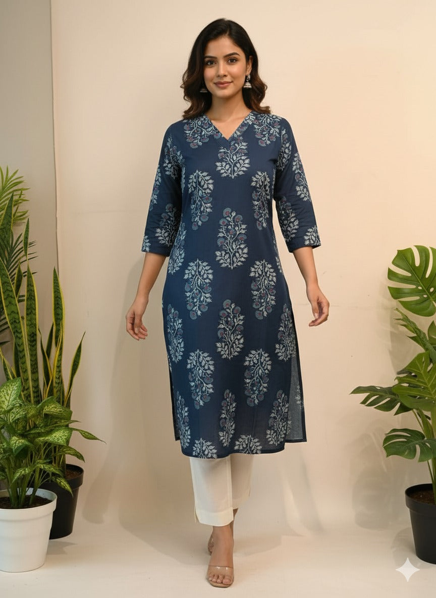Navy Floral Block-Print Pure Cotton Kurta — Comfortable Breathable Kurta with Right Pocket