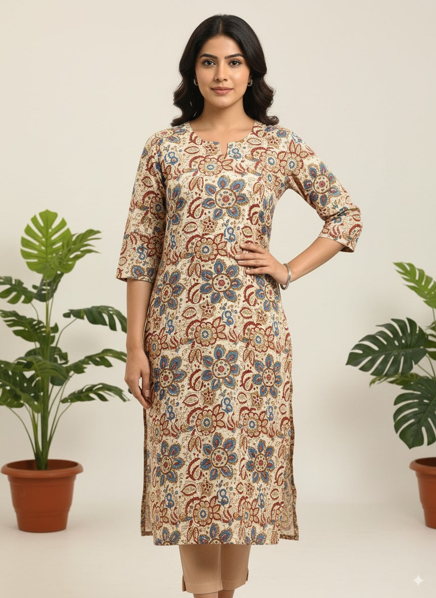 Sea-Green Floral-Medallion Cotton Kurta — Easy Care & Pocketed