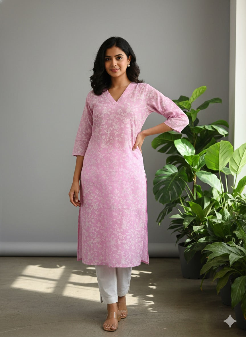 "Elegant Pink Floral Print Pure Cotton Kurta