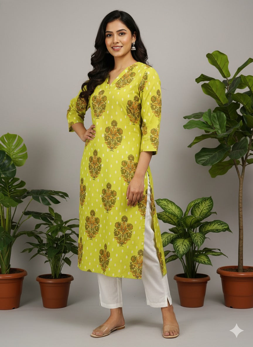 Elegant Floral Print Pure Cotton Straight Kurti