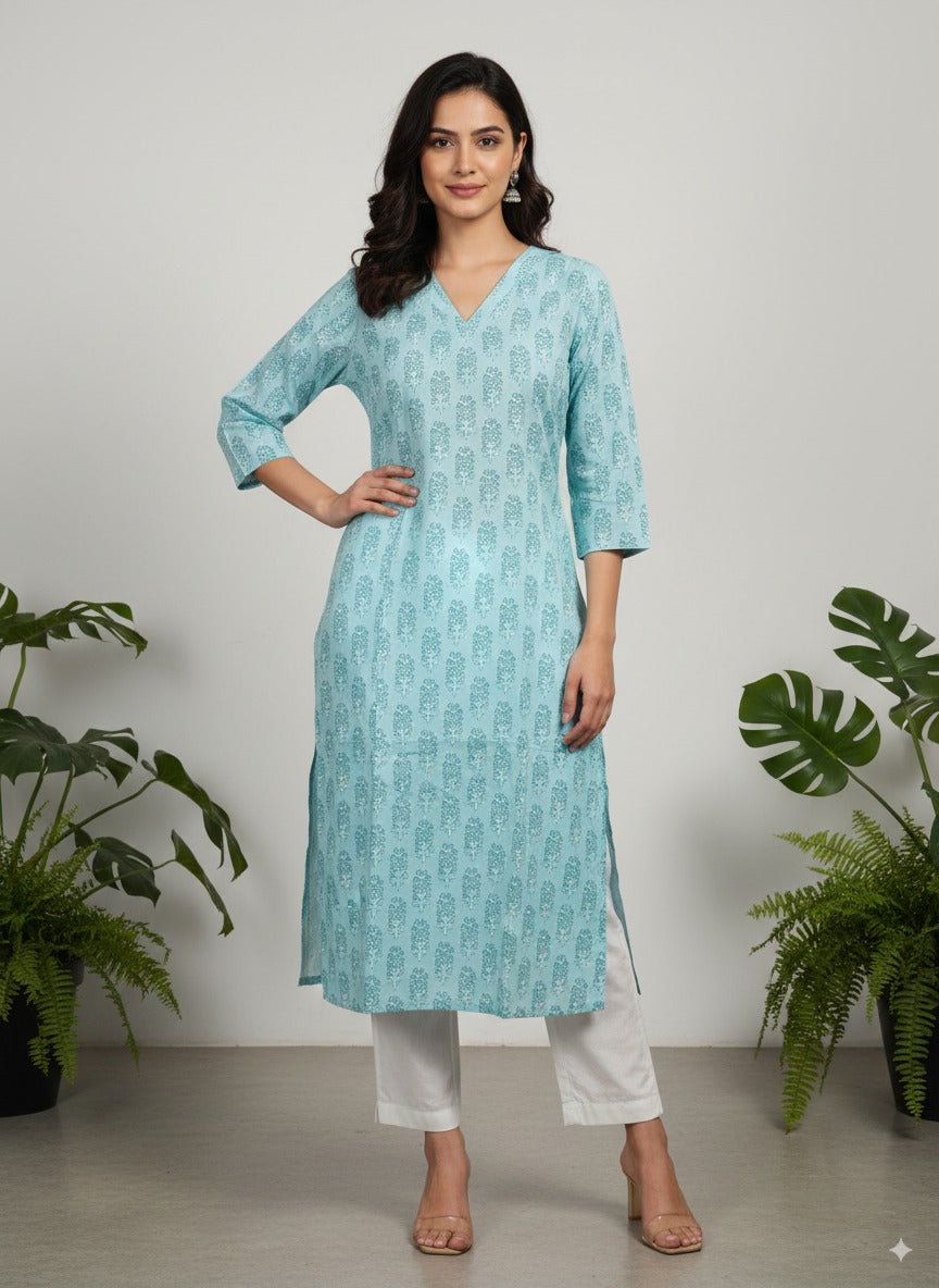 Blue Organic Cotton Printed Kurta