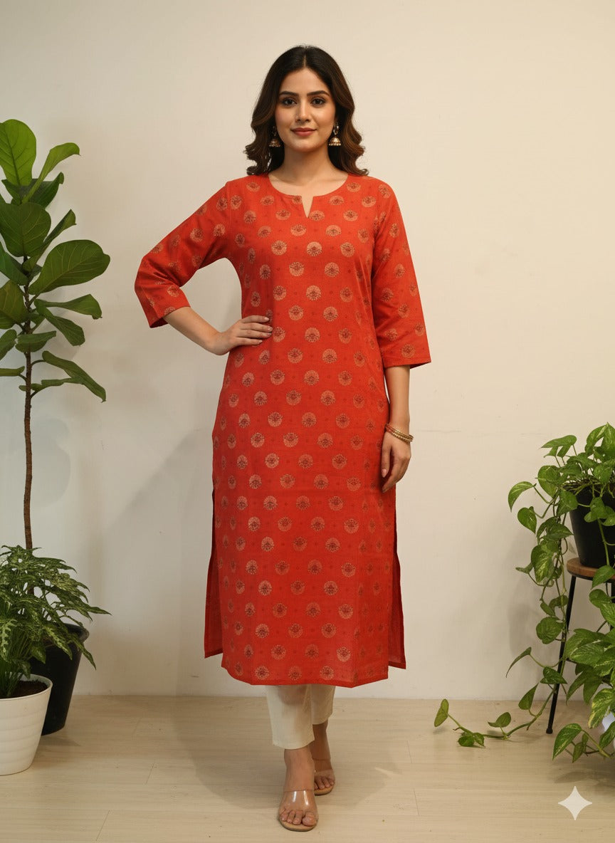 Orange Floral Block Print Cotton Straight Kurta
