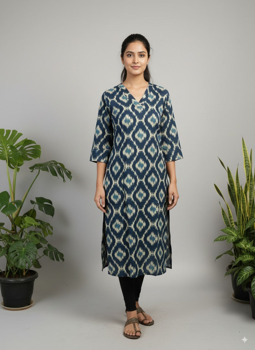 Elegant Indigo Ikat Print Pure Cotton Straight Kurta