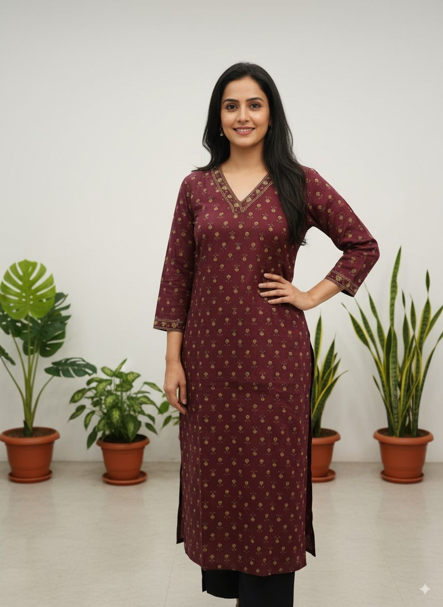 Elegant Maroon Floral Printed Cotton Straight Kurta