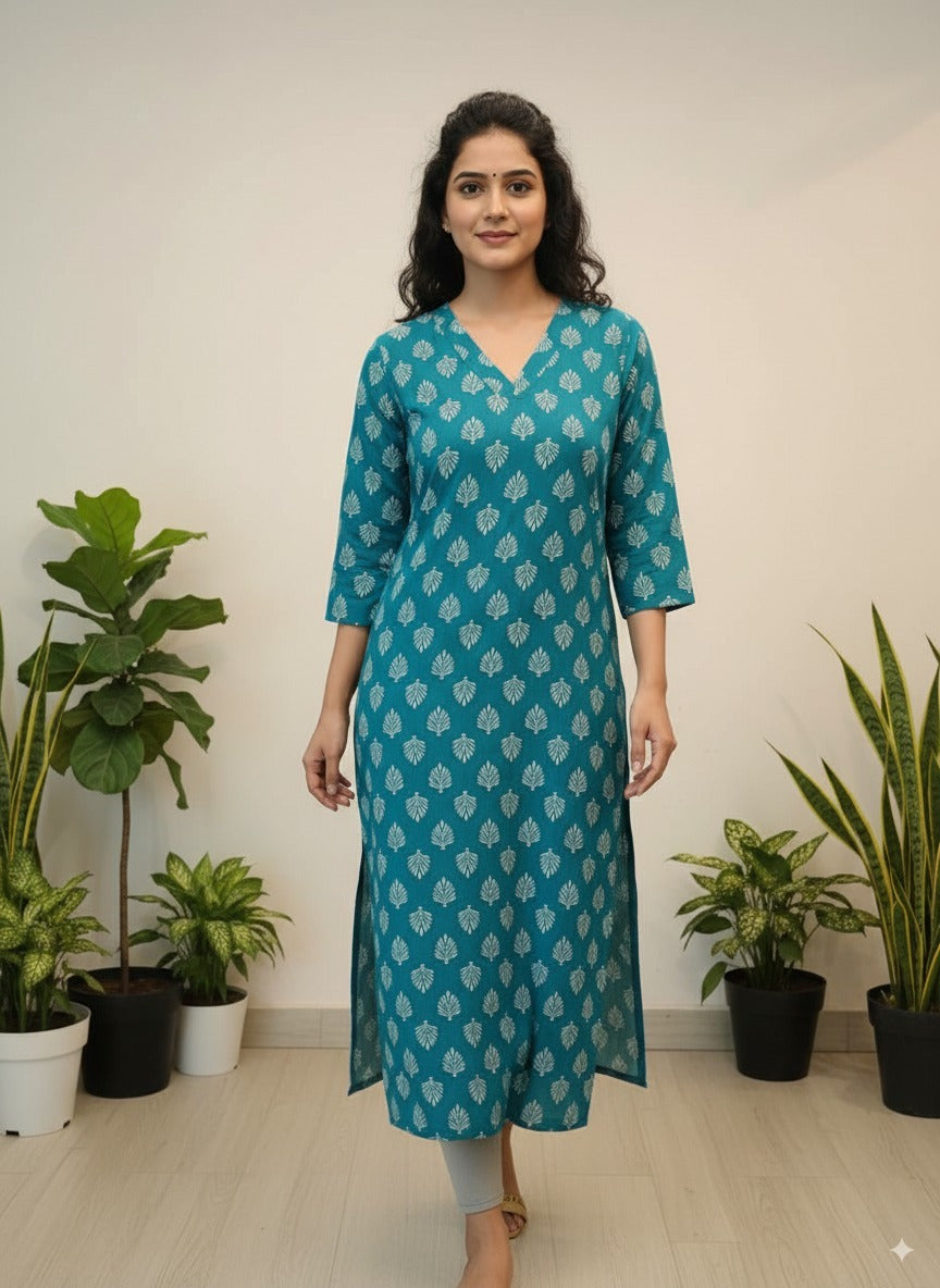 Pure Cotton Leaf-Print Straight Kurta