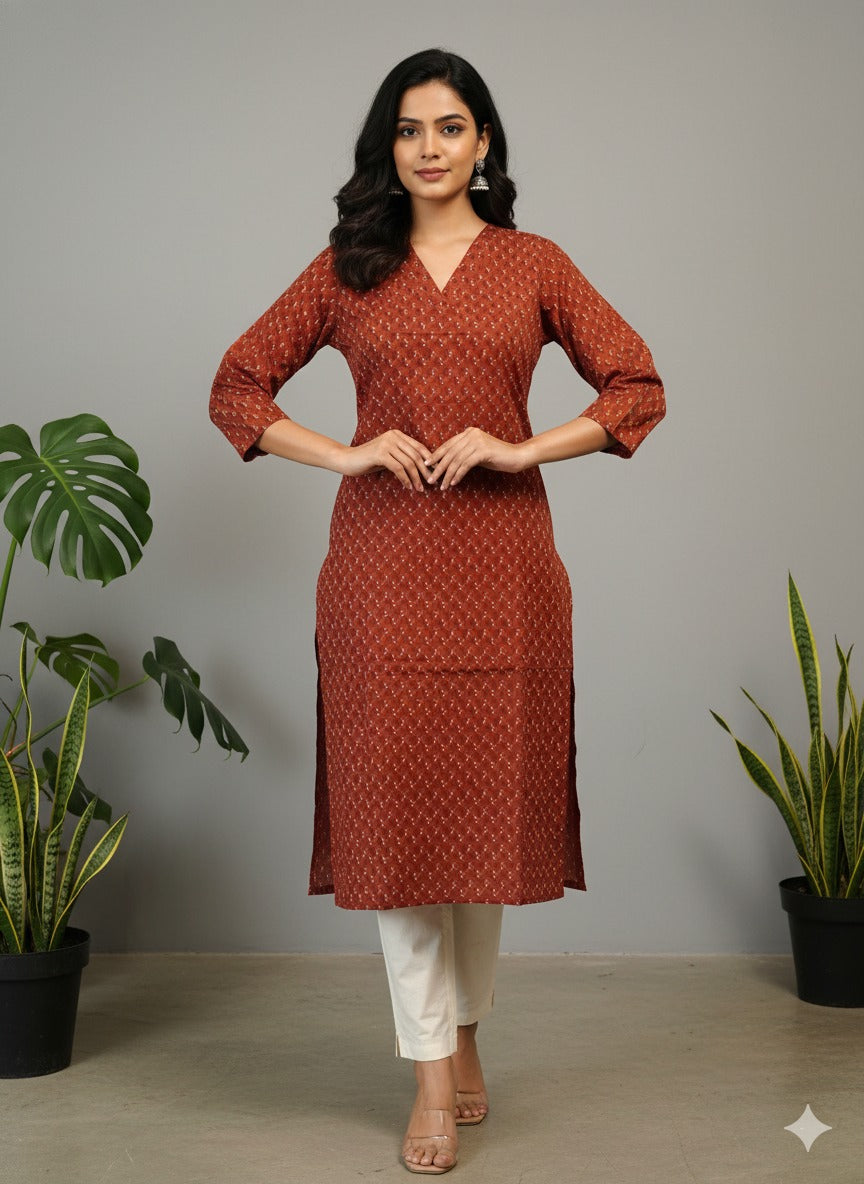 Terracotta Printed Pure Cotton Straight Kurta