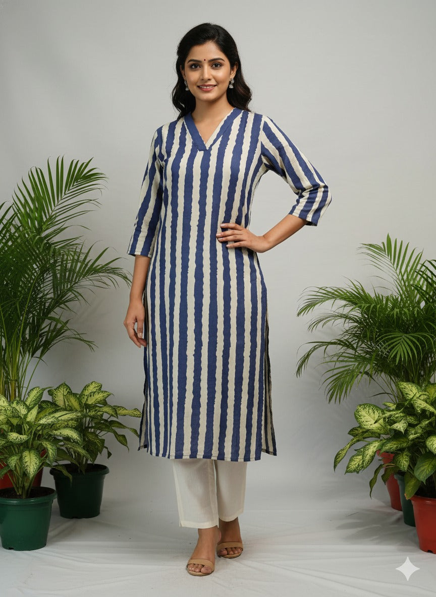 Women's Pure Cotton Striped Straight Kurta with Side Pocket