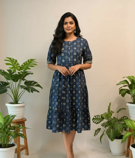 Indigo Block Print Tiered Midi Dress
