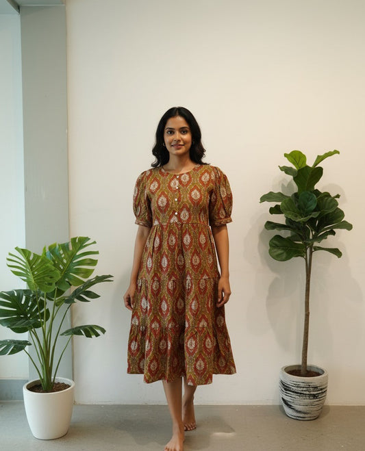 Earthy Rust & Olive Block Print Cotton Midi Dress