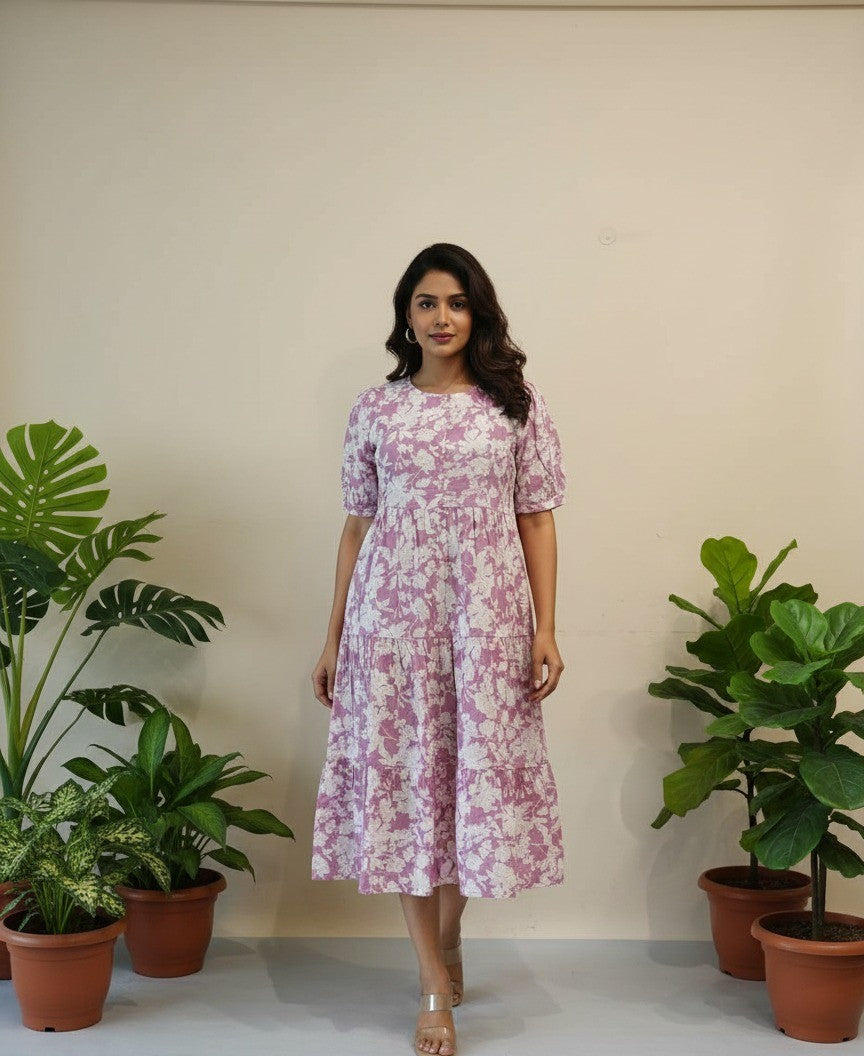 Lavender & White Floral Print Tiered Cotton Midi Dress