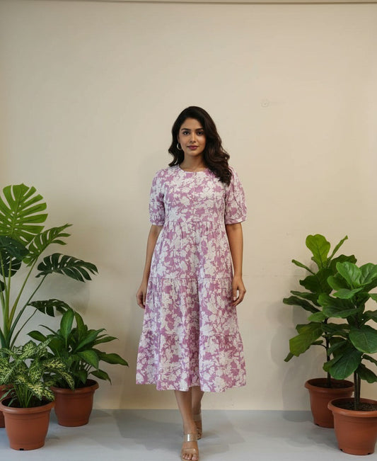 Lavender & White Floral Print Tiered Cotton Midi Dress