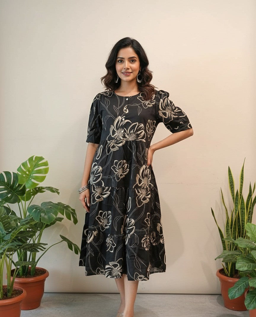 Black & Gold Outline Floral Print Tiered Midi Dress