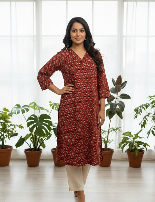 Rust Red Ikat Print Cotton V-Neck Kurta