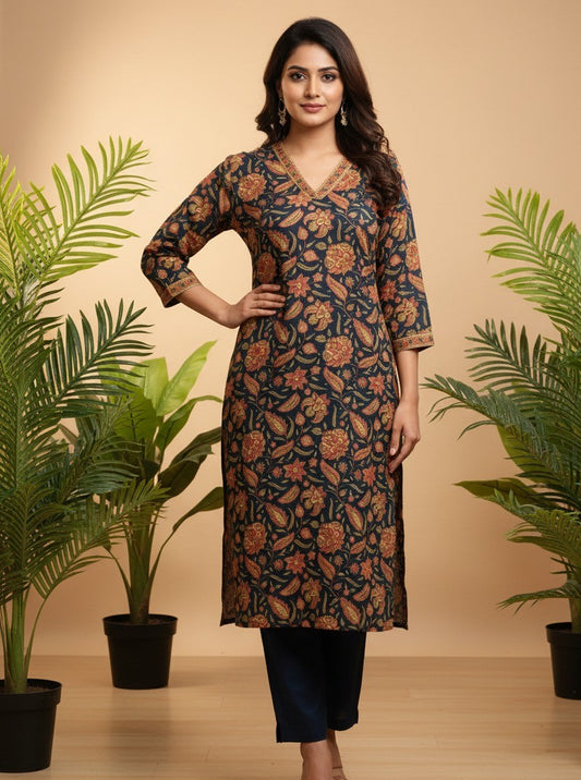 Navy Floral Block Print V-Neck Kurta