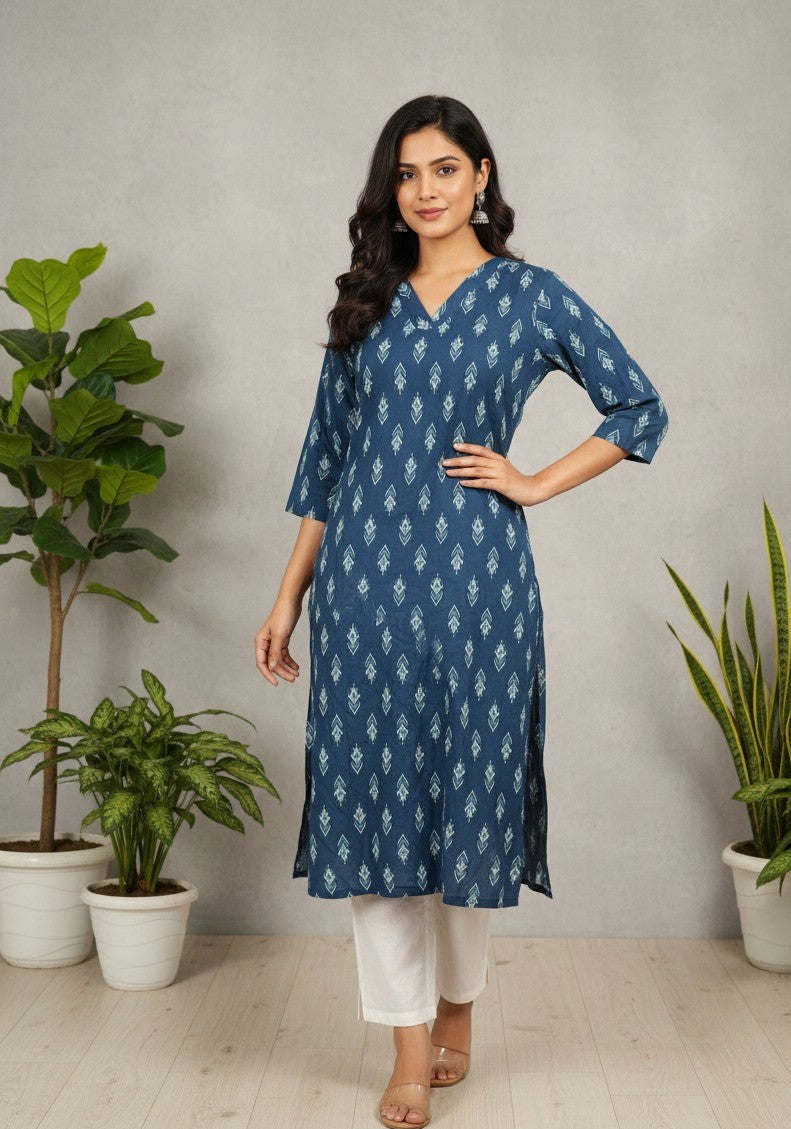 Indigo Blue Geometric Print V-Neck Cotton Kurta