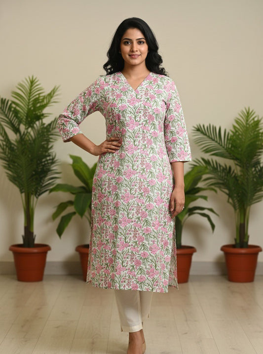 Pink & Green Hand Block Floral Cotton Kurta