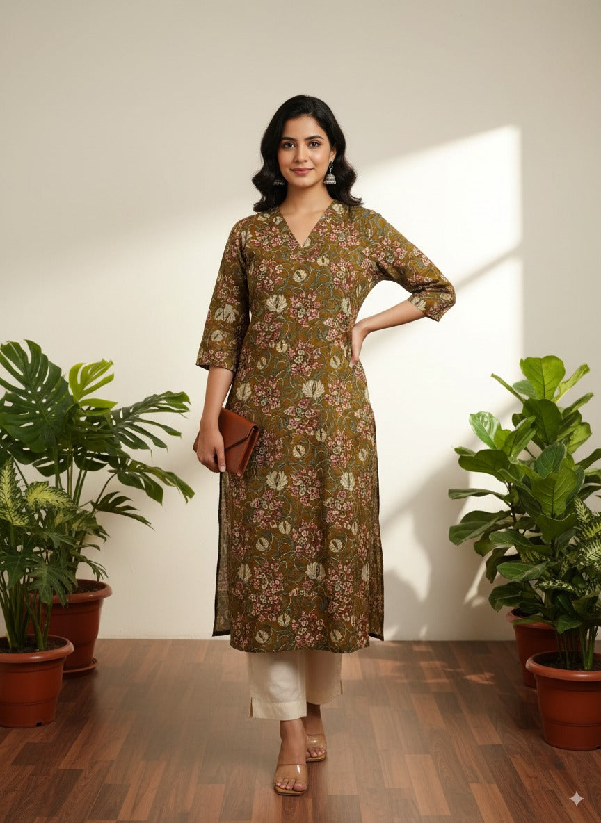 Rust Paisley V-Neck Cotton Kurta — Classic Paisley Kurta with Pocket