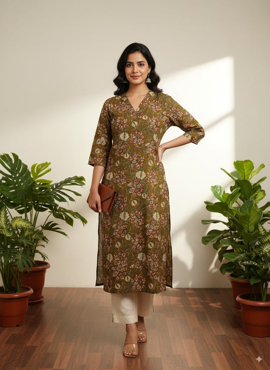 Rust Paisley V-Neck Cotton Kurta — Classic Paisley Kurta with Pocket