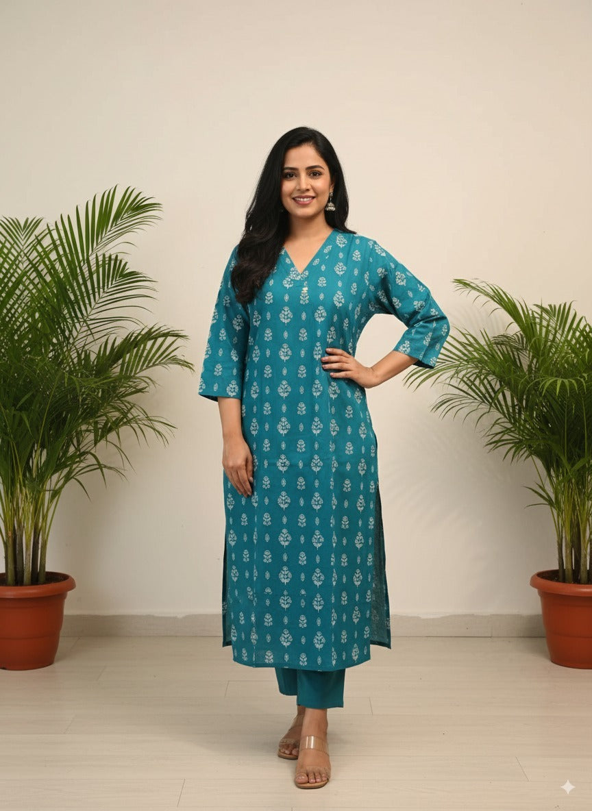 Moss Floral V-Neck Cotton Kurta — Breathable Floral Kurta with Pocket