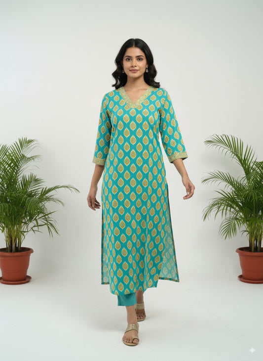 Teal Gold Ethnic Pure Cotton Kurti with Pocket