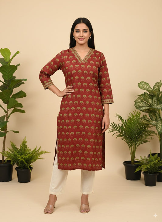 Terracotta Round-Motif Cotton Kurta — Ethnic Casual Kurta with Pocket