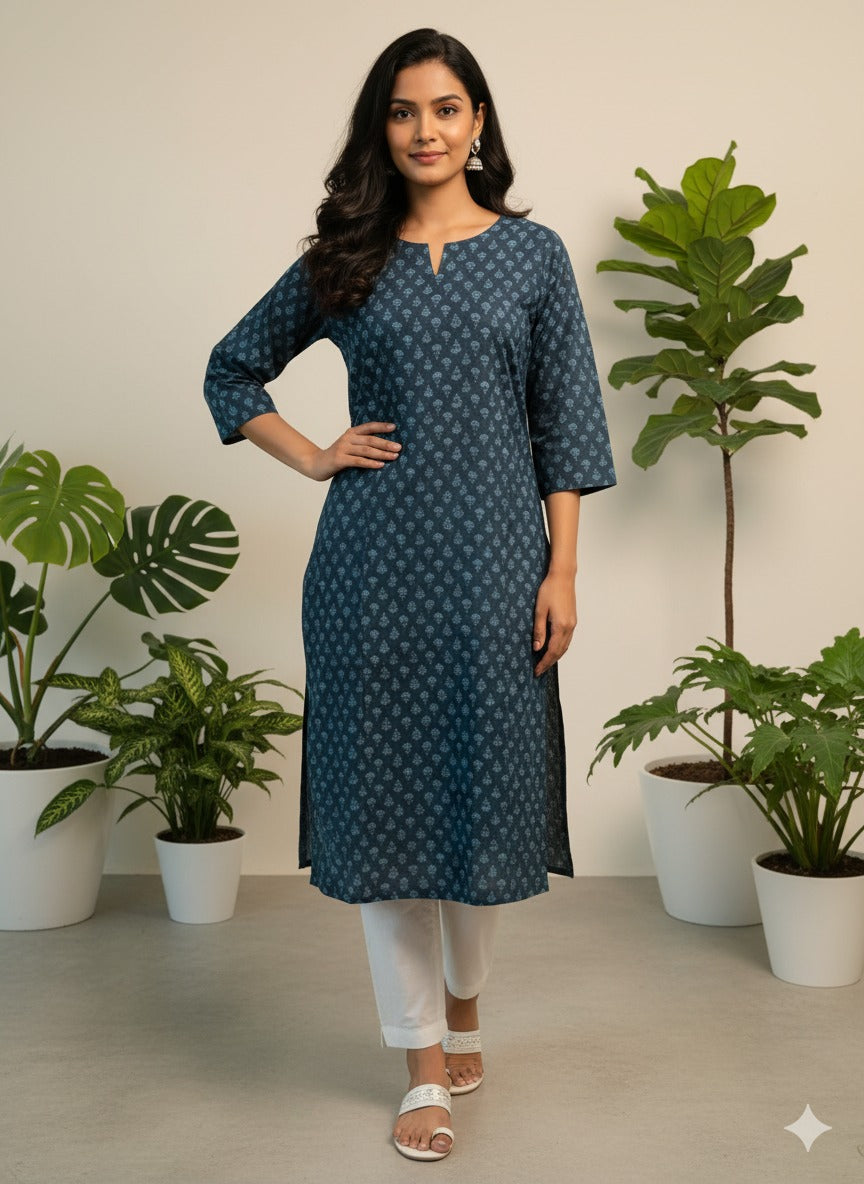 Indigo Mini-Buti Pure Cotton Straight Kurta — Minimalist Everyday Kurta