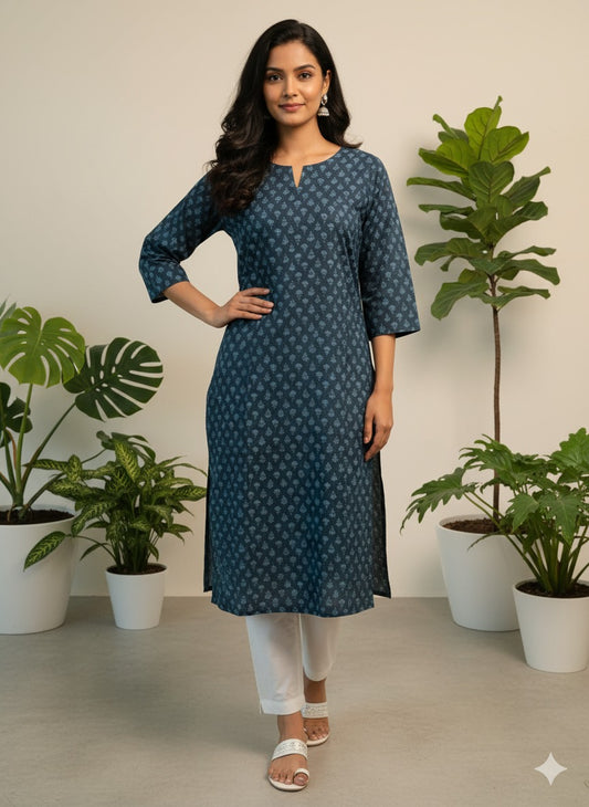Indigo Mini-Buti Pure Cotton Straight Kurta — Minimalist Everyday Kurta