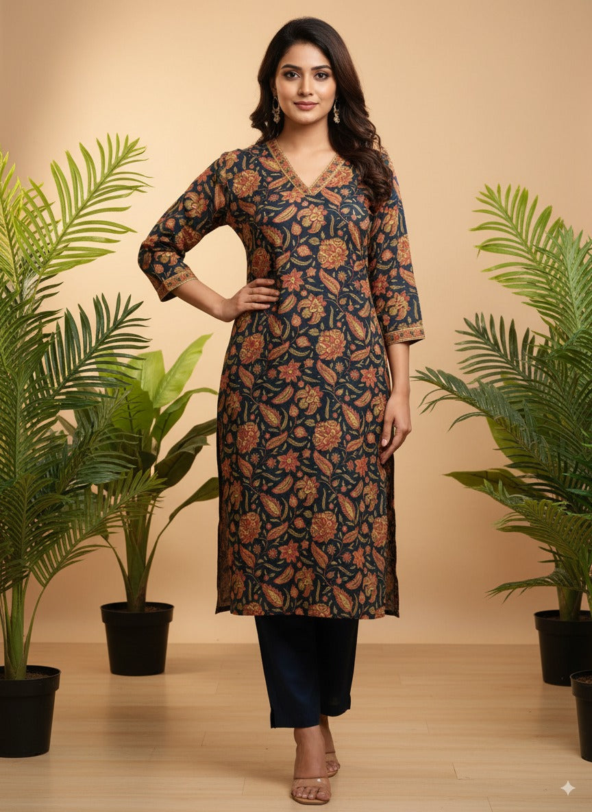 Midnight Floral V-Neck Pure Cotton Kurta — Lightweight Office & Casual Wear
