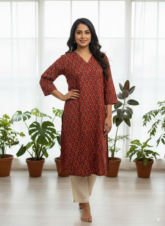 Brick Diamond-Print Pure Cotton Kurta — Breathable Everyday Kurta with Pocket