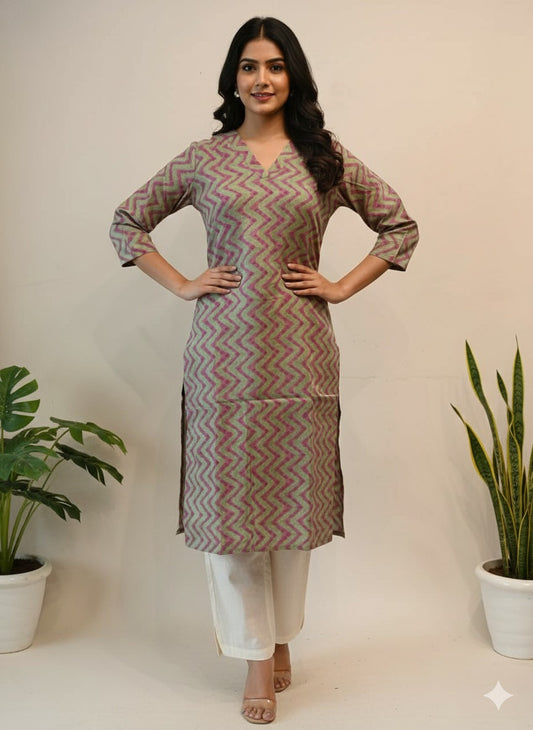 Teal-Green Zigzag Pure Cotton Kurta — Playful Breathable Kurta with Right-Side Pocket