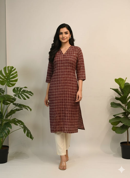 Mint-Green Petite Floral Cotton Kurta with Right Pocket