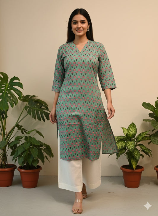 Pink Floral Block-Print Cotton Kurta — Breathable & Durable