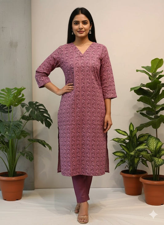 Olive-Green Printed Cotton Kurta — No Shrink, No Colour Bleed
