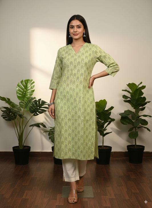 Pistachio Block-Print Cotton Kurta with Practical Pocket