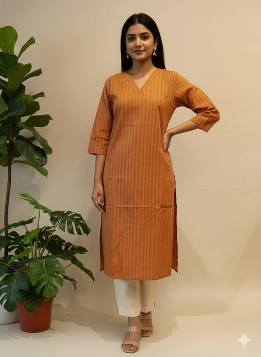 Terracotta Vertical-Stripe Cotton Kurta — Pocketed & Easy-Care