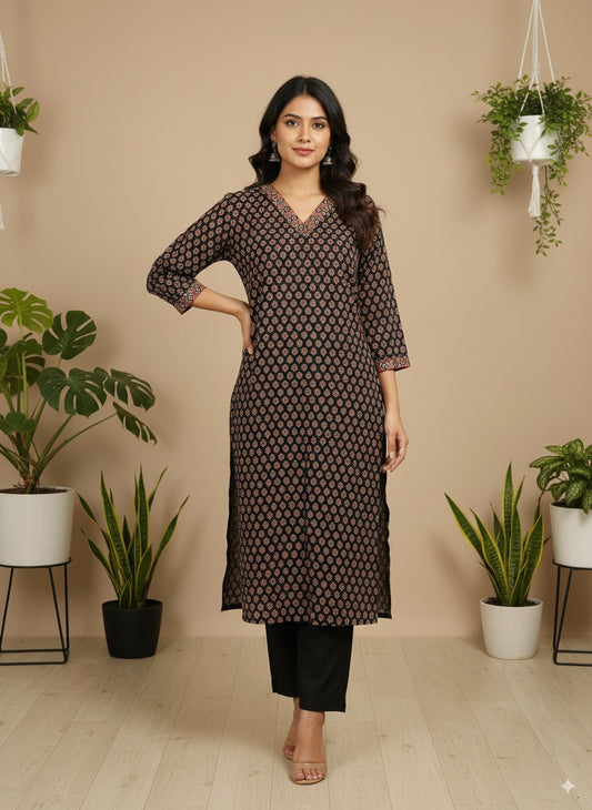 Black Ditsy Floral Cotton Kurta with Right Pocket