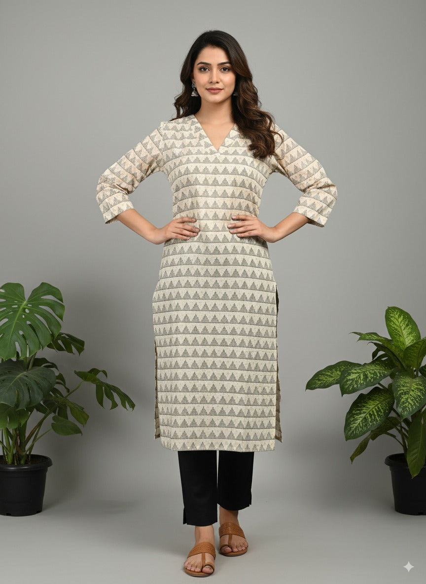 Ivory Geometric-Print Cotton Kurta — Breathable & Pocketed