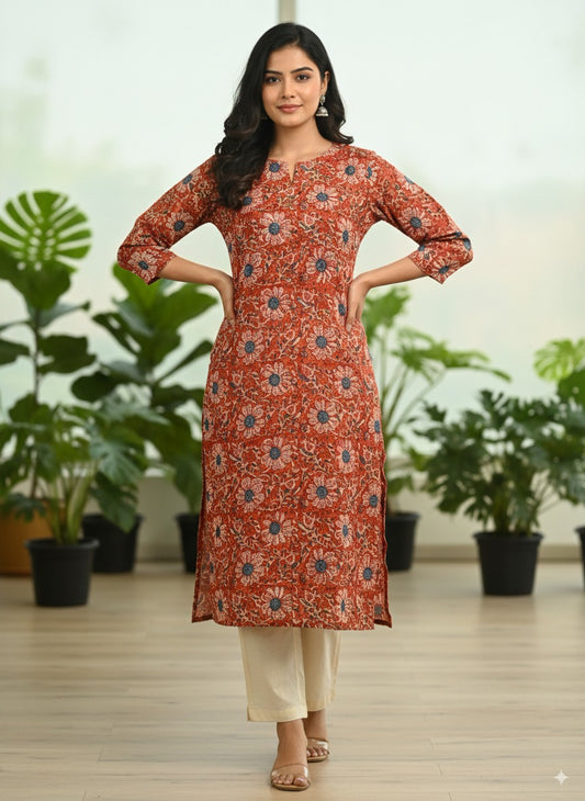 rust floral kurta, pure cotton kurta, breathable cotton kurta, machine washable kurta, right-side pocket.