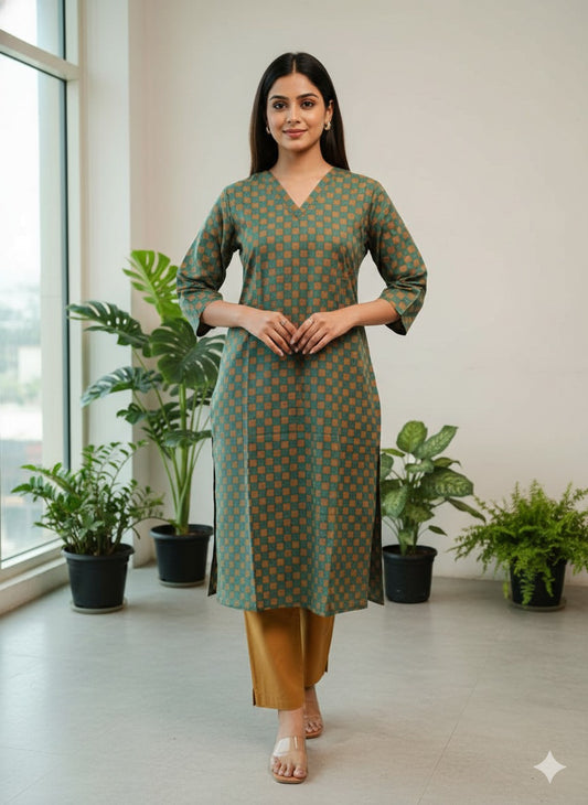 Rust Block-Motif Pure Cotton Kurta — Warm-Toned Breathable Kurta with Right Pocket