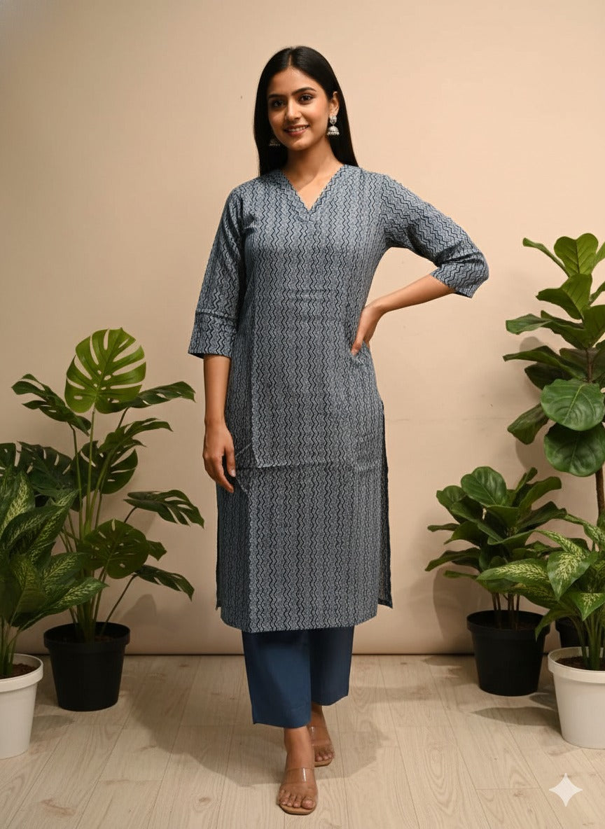 Slate Chevron Pure Cotton Kurta — Minimalist Breathable Kurta with Right-Side Pocket