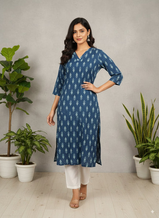 Indigo Ikat-Motif Pure Cotton Kurta — Breathable Everyday Straight Kurta with Right Pocket