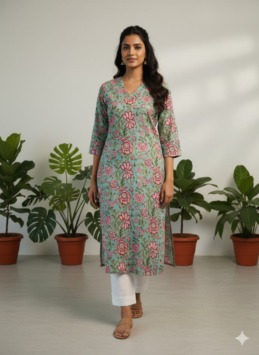 Mint & Pink Floral Pure Cotton Kurta — Lightweight Breathable Fabric with Right Pocket