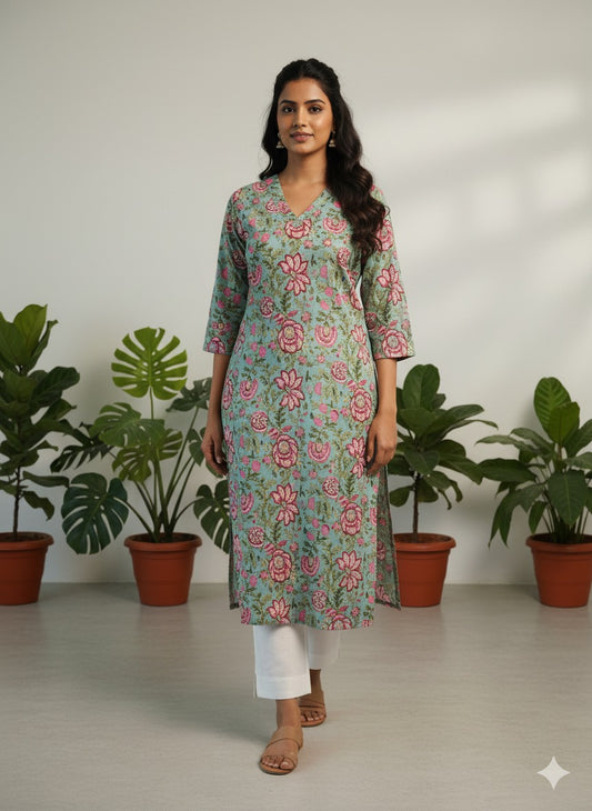 Mint & Pink Floral Pure Cotton Kurta — Lightweight Breathable Fabric with Right Pocket