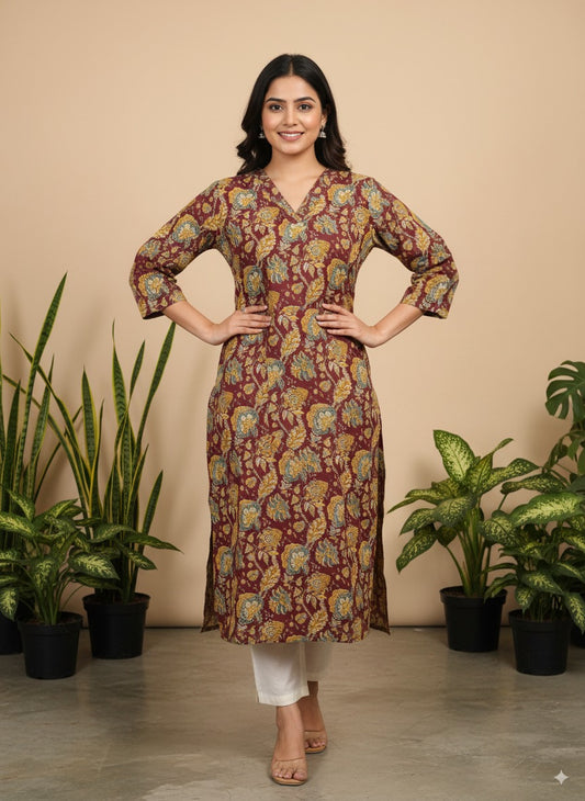Maroon & Mustard Floral Pure Cotton Straight Kurta — Breathable, Machine Washable, Right-Side Pocket
